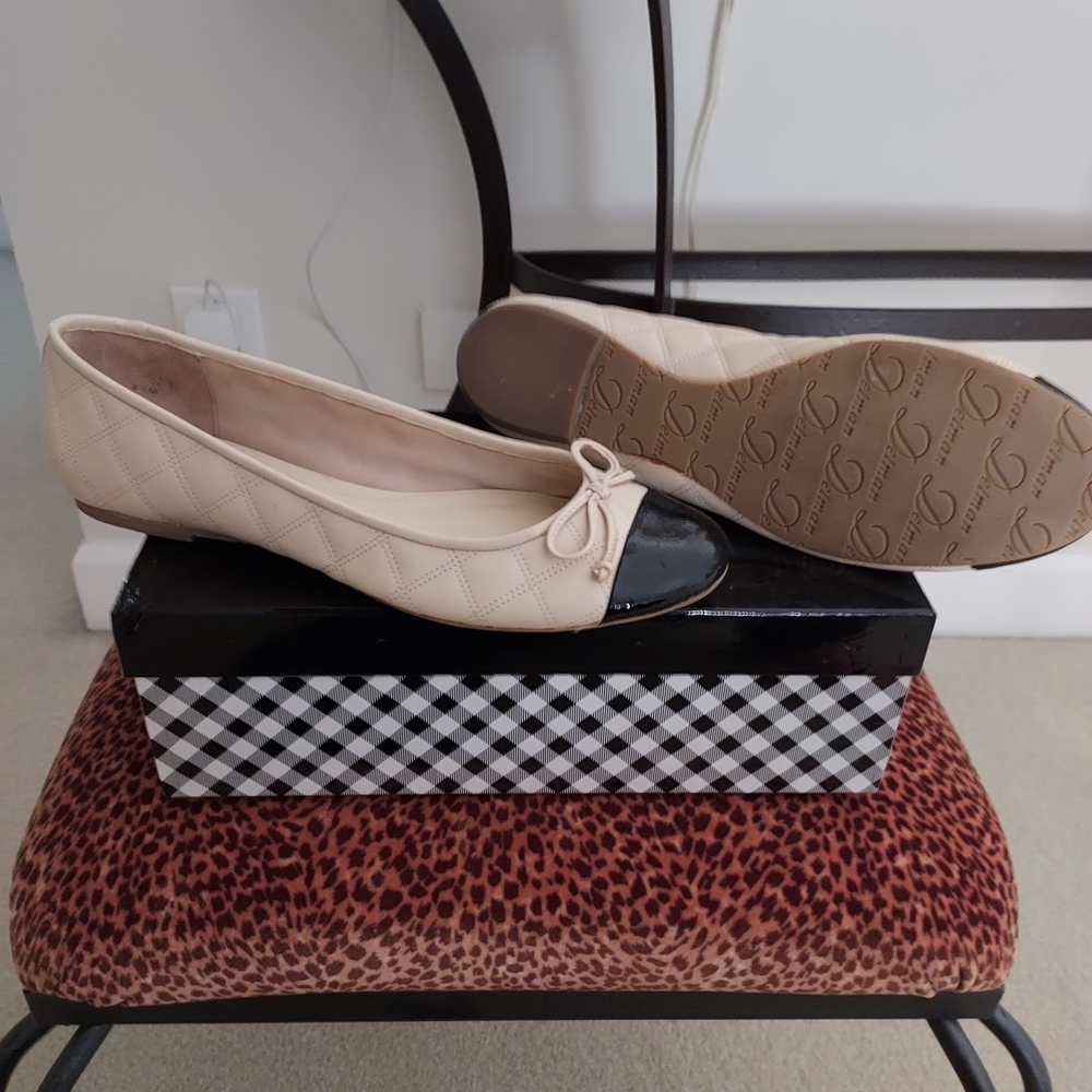 Beige and Black Quilted Cap-Toe Ballet Flats
